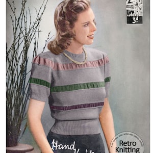 1940s Striped Ruched Jumper PDF Knitting Pattern Bust 34-36