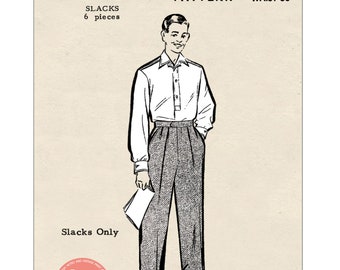 1940s Men's Flannel Trouser PDF Print at Home Sewing Pattern Waist 36