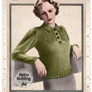 May include: A vintage knitting pattern for a green sweater with a button-up collar. The pattern is designed to fit a 34-36 inch bust. The pattern is from the Retro Knitting collection.