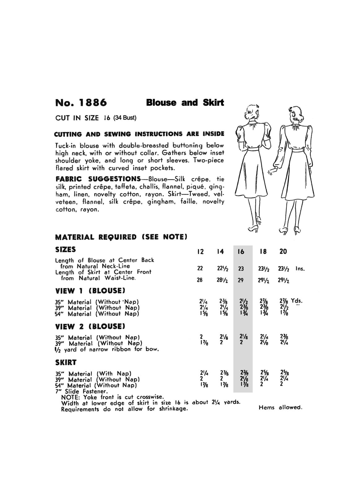 1930's New York Yoked Blouse and Slim Skirt Pattern - Bust 29