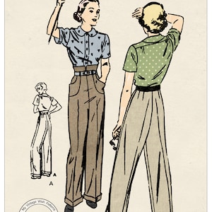 1940s Hepburn Slacks with High or Low Waistline PDF Sewing Pattern - Waist 28