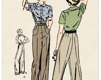 Pantalon Hepburn des années 1940 avec tour de taille haute ou basse, patron de couture PDF - Tour de taille 28