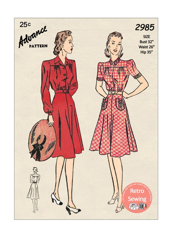 1940s Shirt Waist Dress Sewing Pattern PDF Print at Home | Etsy
