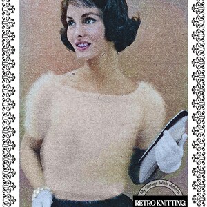 May include: A vintage knitting pattern for a fluffy white sweater with a scoop neck. The pattern is designed to fit bust sizes 32, 34, 36, and 38 inches.