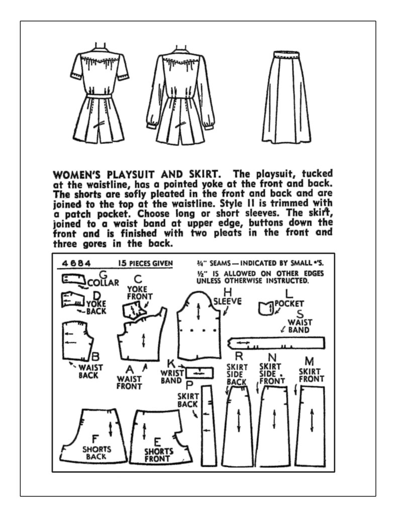1940's Hollywood Playsuit and Skirt Pattern - Bust 34