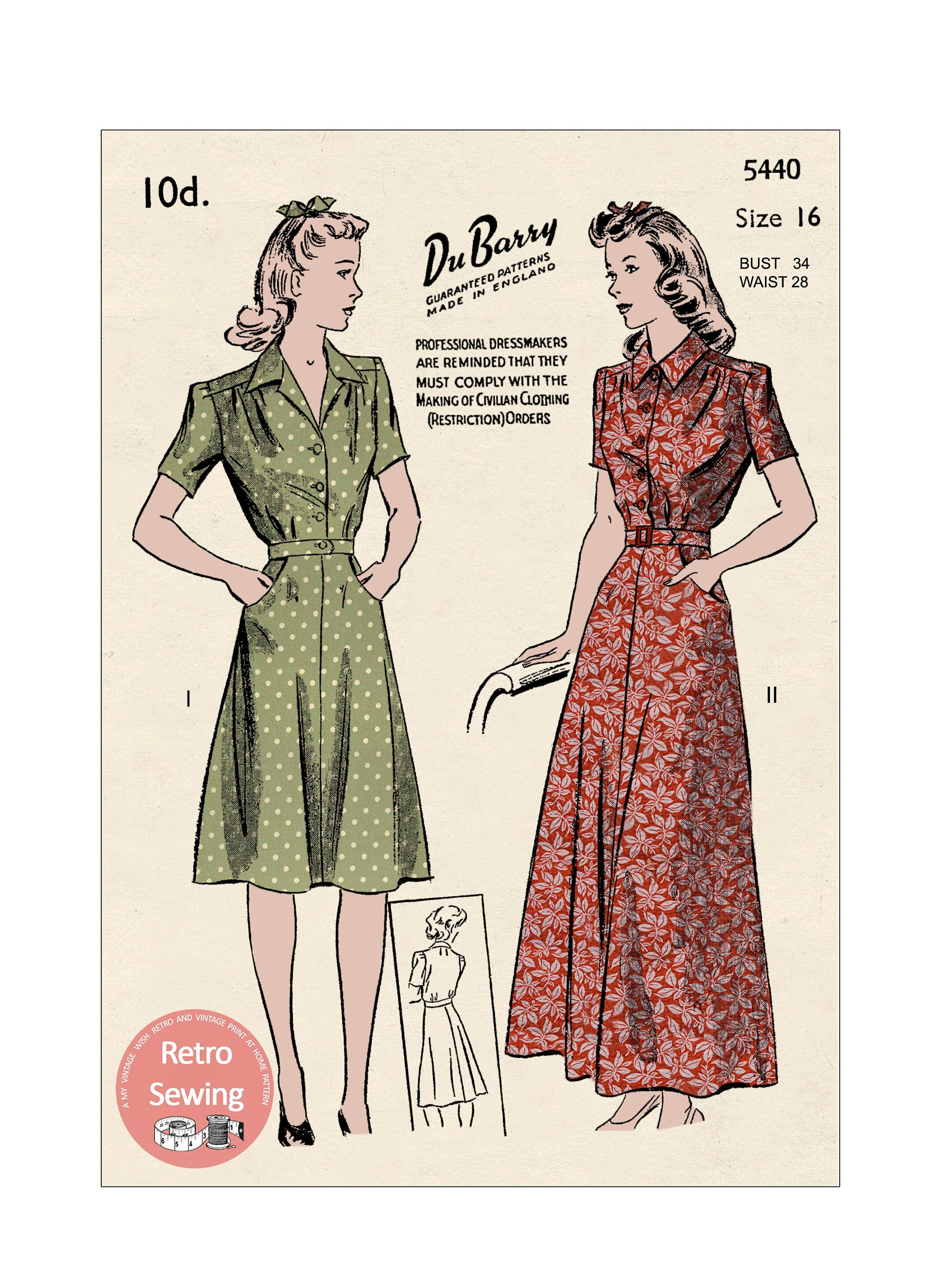 1940s Wartime Shirt Dress With Pockets PDF Sewing Pattern Bust photo picture