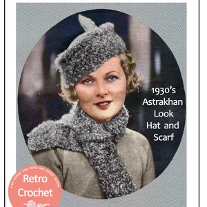 Könnte beinhalten: Ein Vintage-Häkelmuster für eine graue Mütze und einen Schal, inspiriert vom Astrachan-Look der 1930er Jahre. Das Muster trägt den Titel "Retro Häkeln".