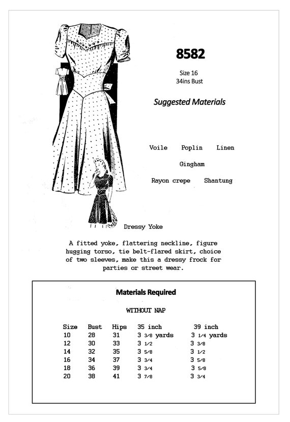 1940s Summer Tea Frock Sewing Pattern Full Size Paper Sewing Pattern