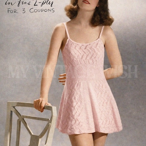 May include: Vintage 1943 Cami-Knickers in fine 2-ply, designed to fit a 32-34 inch bust. The image shows a woman wearing a light pink knitted cami-knicker set with a flared skirt. The text on the image reads "FOR 3 COUPONS".
