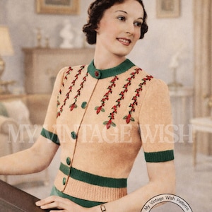 1930s Tyrolean Style Embroidered Blouse Knitting Pattern PDF | Vintage Ladies Jumper
