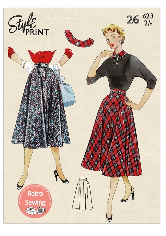 1950's Softly Flared Four Panel Skirt PDF Sewing Pattern Waist 26