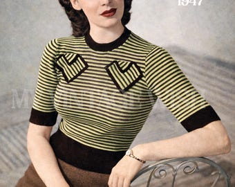 May include: Vintage 1947 knitting pattern featuring a striped top with heart-shaped accents. The top has short sleeves and is designed to fit a 34-36 inch bust. The image includes the text "My Vintage Wish Patterns" and "Retro Knitting".