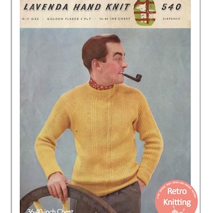 1950&#39;s Man&#39;s Raglan Sweater in 2 Sizes PDF Knitting Pattern