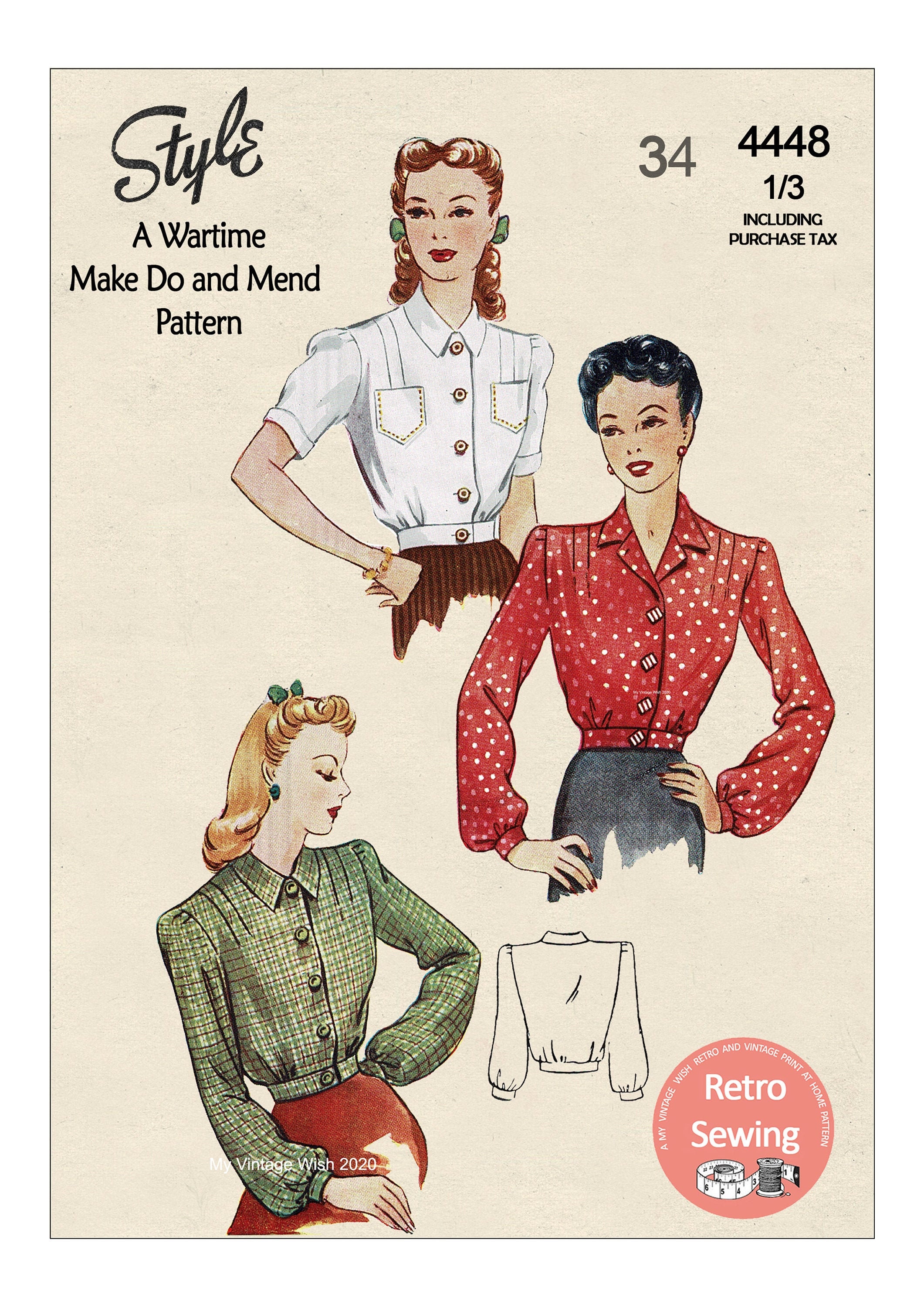 1940s Wartime Shirt Dress with Pockets PDF Sewing Pattern Bust 34