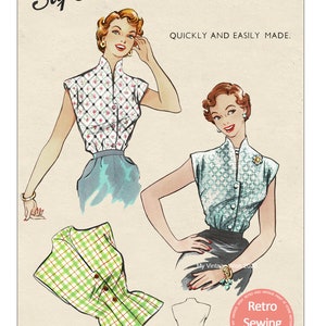 1950&#39;s Quick and Easy Blouse PDF Sewing Pattern - Bust 34