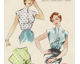 1950's Quick and Easy Blouse PDF Sewing Pattern - Bust 34