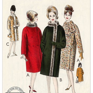 Könnte beinhalten: Ein Vintage-Schnittmuster für einen Mantel mit drei verschiedenen Stilen. Das Schnittmuster ist für eine Brustweite von 96,5 cm und ist in britischen und internationalen Größen erhältlich. Das Schnittmuster ist von Retro Sewing.