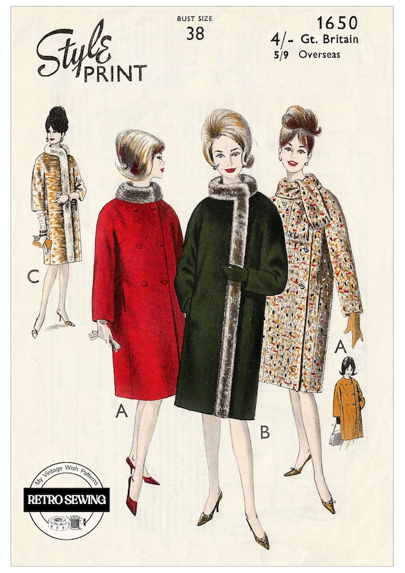 1960s Winter Coat Vintage PDF Sewing Pattern Bust 38