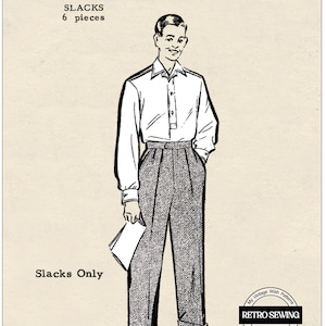 1940s Men's Flannel Trouser PDF Print at Home Sewing Pattern Waist 36