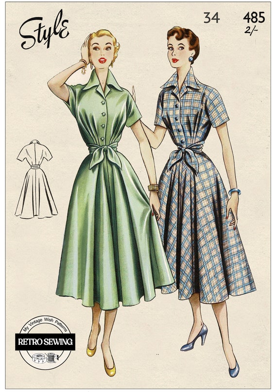 1950s Rockabilly Style Shirt Dress PDF Sewing Pattern Bust 34 - Etsy Canada