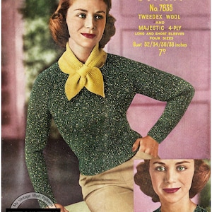 1950s Vintage V-Neck Sweater and Miss Marple Scarf PDF Knitting Pattern