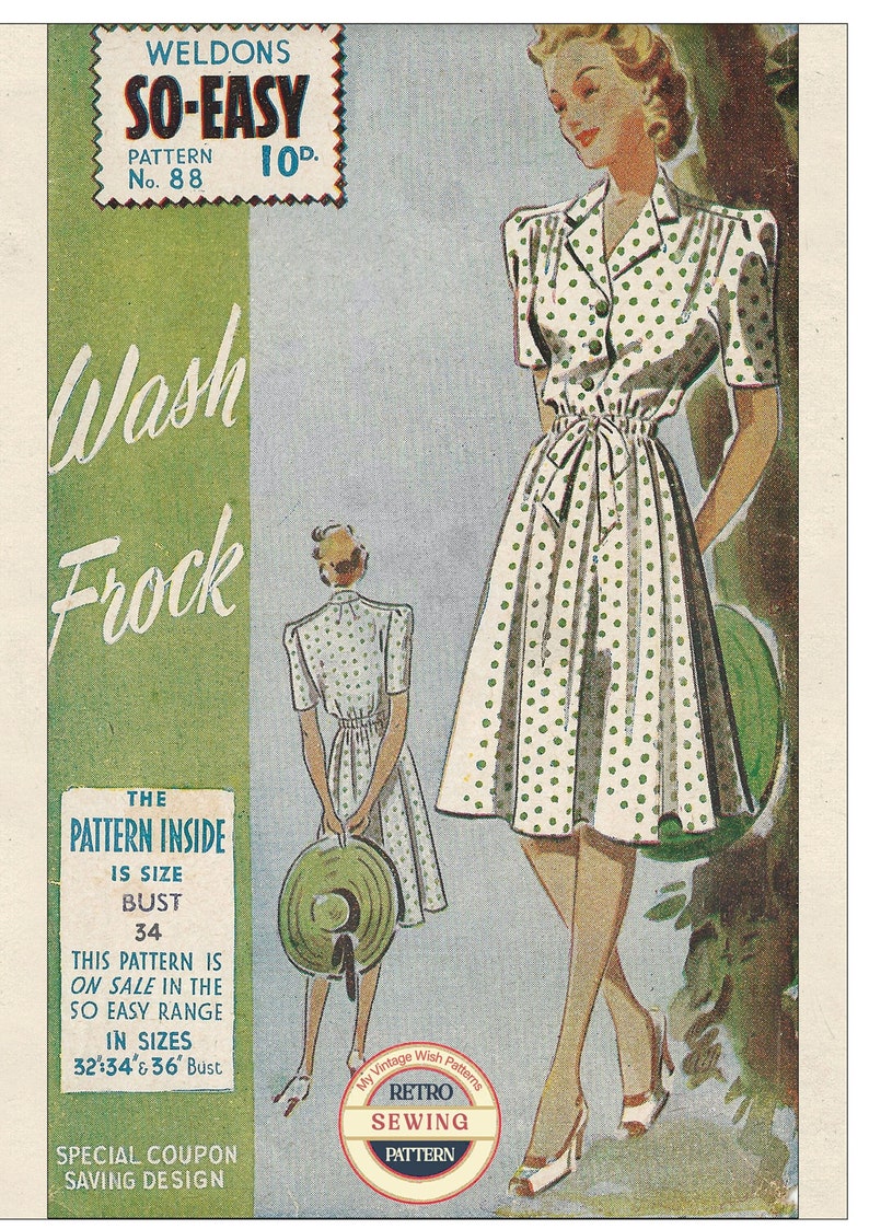 K&ouml;nnte beinhalten: Vintage-Schnittmuster f&uuml;r ein wei&szlig;es Polka-Dot-Kleid mit gr&uuml;nen Punkten. Das Schnittmuster hei&szlig;t "So-Easy" und ist f&uuml;r die Gr&ouml;&szlig;en 32, 34 und 36 B&uuml;ste. Das Schnittmuster ist von Weldons und kostet 10p.