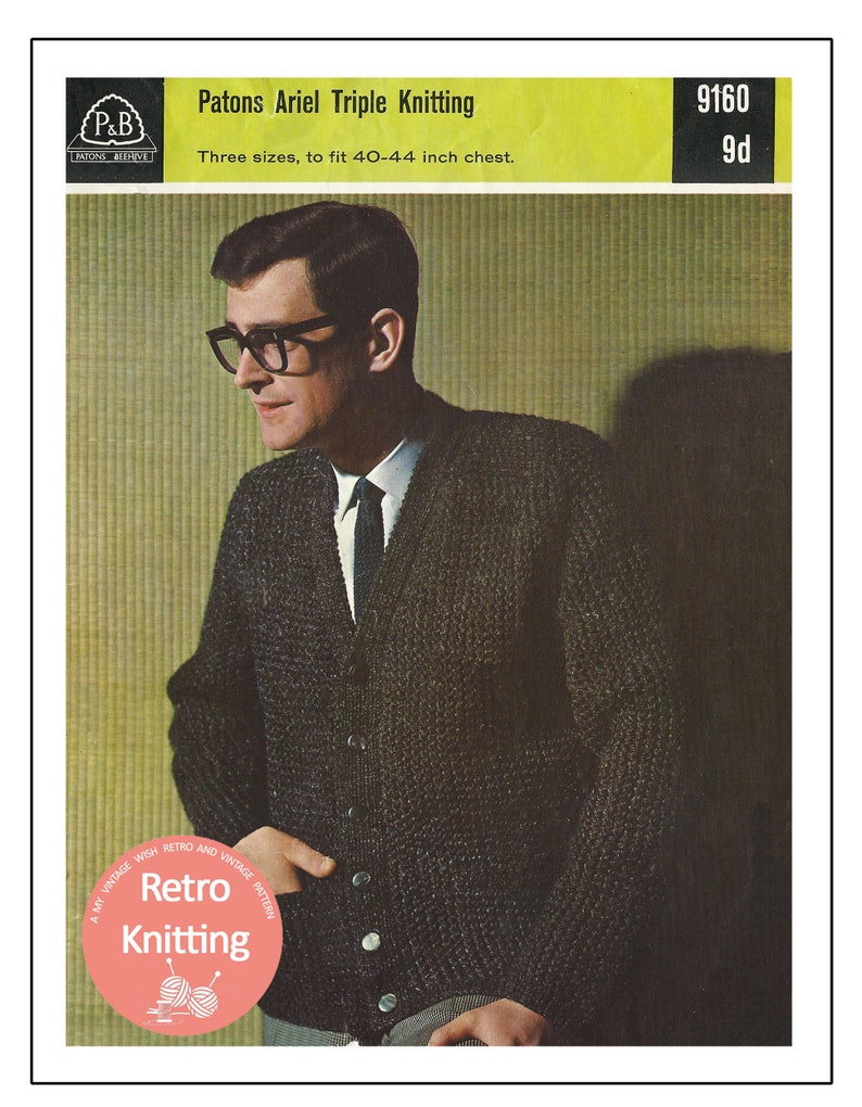 Hipster \u2013 PDF Instant Download 1960s Man/'s Chunky Cardigan Knitting Pattern