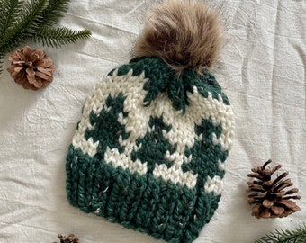 Green Mountain Beanie-Handknit Wool Hat with Pine Tree Fair Isle Motif and Removable Faux Fur Pom Pom