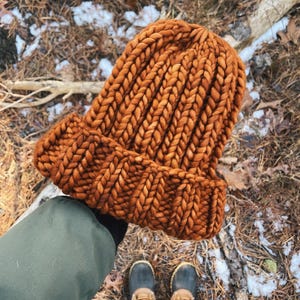 The Barn Beanie-Hand Knit Chunky Ribbed Merino Wool Beanie in Cedar
