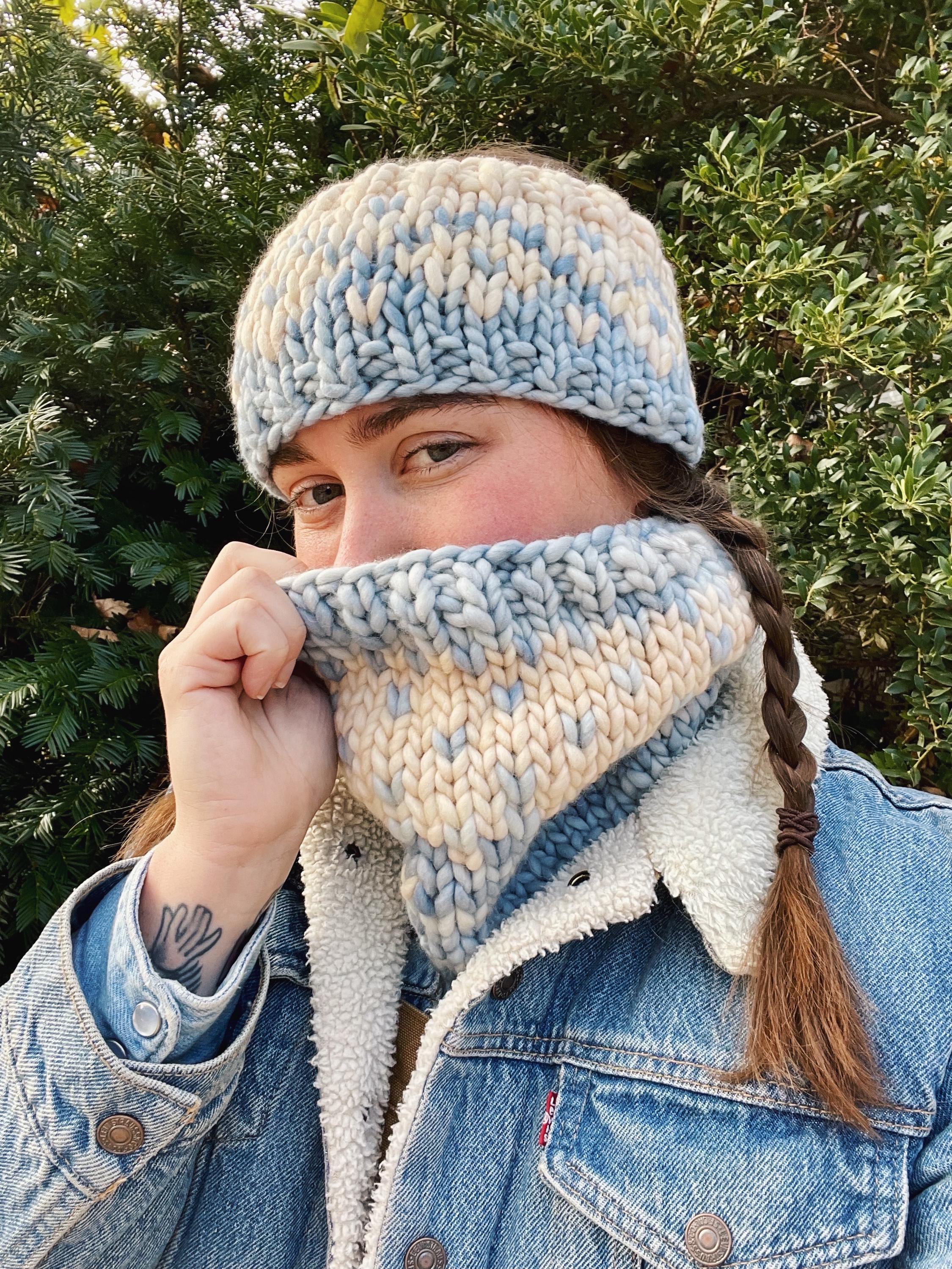 Hand Knit Chunky Merino Wool Cowl/neck Warmer in Light Blue+ivory Fair ...