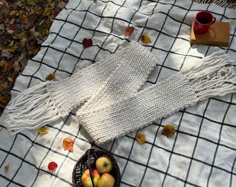Big Sky Scarf-Chunky Oversized Handmade Wool Knitted Scarf for Winter and Christmas-Ivory White
