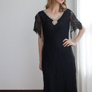 1920's Black Lace Evening Gown With Art Deco Rhinestone and Beaded ...