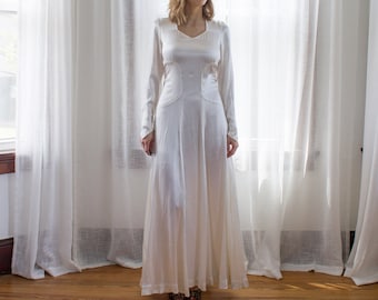 1930's ivory liquid satin wedding dress / long sleeves / covered buttons / art deco / size Small