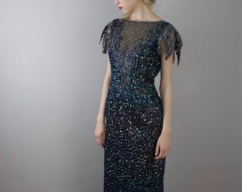 Vintage Mike Benet formal gown / beaded / sequins / rhinestones / size Small Medium