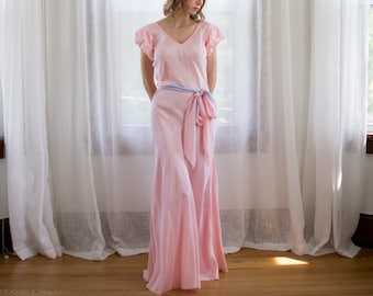 1930's bias cut pink taffeta evening gown / full length dress / periwinkle / puffed sleeves / size XS Small / art deco