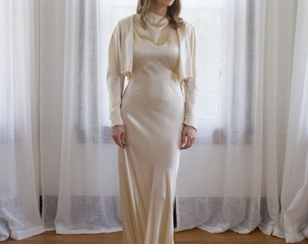 1930's pure silk ivory wedding dress with matching jacket / sleeveless / long sleeve / bolero / bias cut / size XS Small / Art Deco