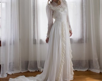 1930's sheer chiffon ruffle long sleeve wedding dress / size S/M / 1940's wedding dress / antique gown