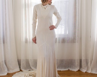 1930's art deco bias cut wedding dress / long sleeves / antique gown / textured silk / size XS