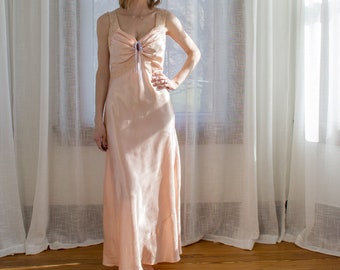 1930's pink satin nightgown / new old stock / never worn / art deco / periwinkle blue / size S/M