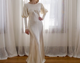 1930's art deco satin bias cut wedding gown / puffed sleeves / mutton sleeves / size Small