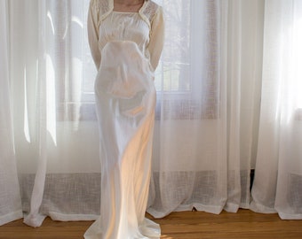 1930's bias cut liquid satin wedding dress / art deco / lace / long sleeves