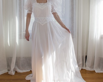 1930's ethereal sheer chiffon wedding dress / puffed sleeves /