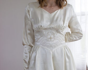 1940's beaded satin wedding dress / long sleeves / size small