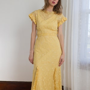 1920's golden yellow silk gown with matching slip / embroidered / Size small