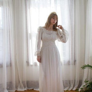 1930's sheer chiffon balloon sleeve wedding dress /  bishop sleeve / lace / covered button / art deco / size XS