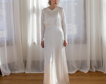 1930's white liquid satin wedding dress / art deco / long sleeves / bias cut / size S/M