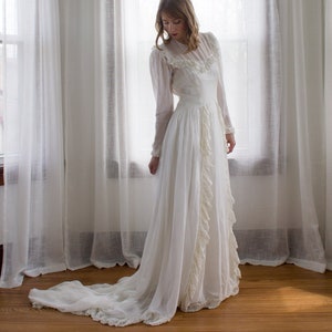 1930&#39;s sheer chiffon ruffle long sleeve wedding dress / size S/M / 1940&#39;s wedding dress / antique gown