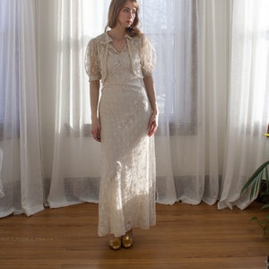 1930's tambour lace bias cut dress / needlelace / puffed sleeves / bolero / size XS / silk slip / wedding dress