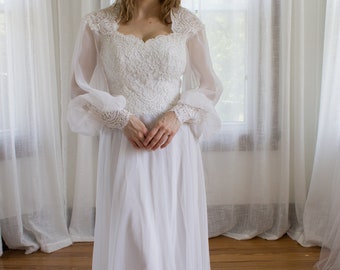 Vestido de noiva estilo anos 70 com mangas bufantes / chiffon e renda / boho / tamanho XS