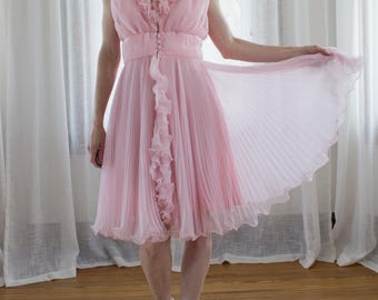 1970's pink chiffon pleated ruffle mini dress / cocktail dress / party dress / XS/Small